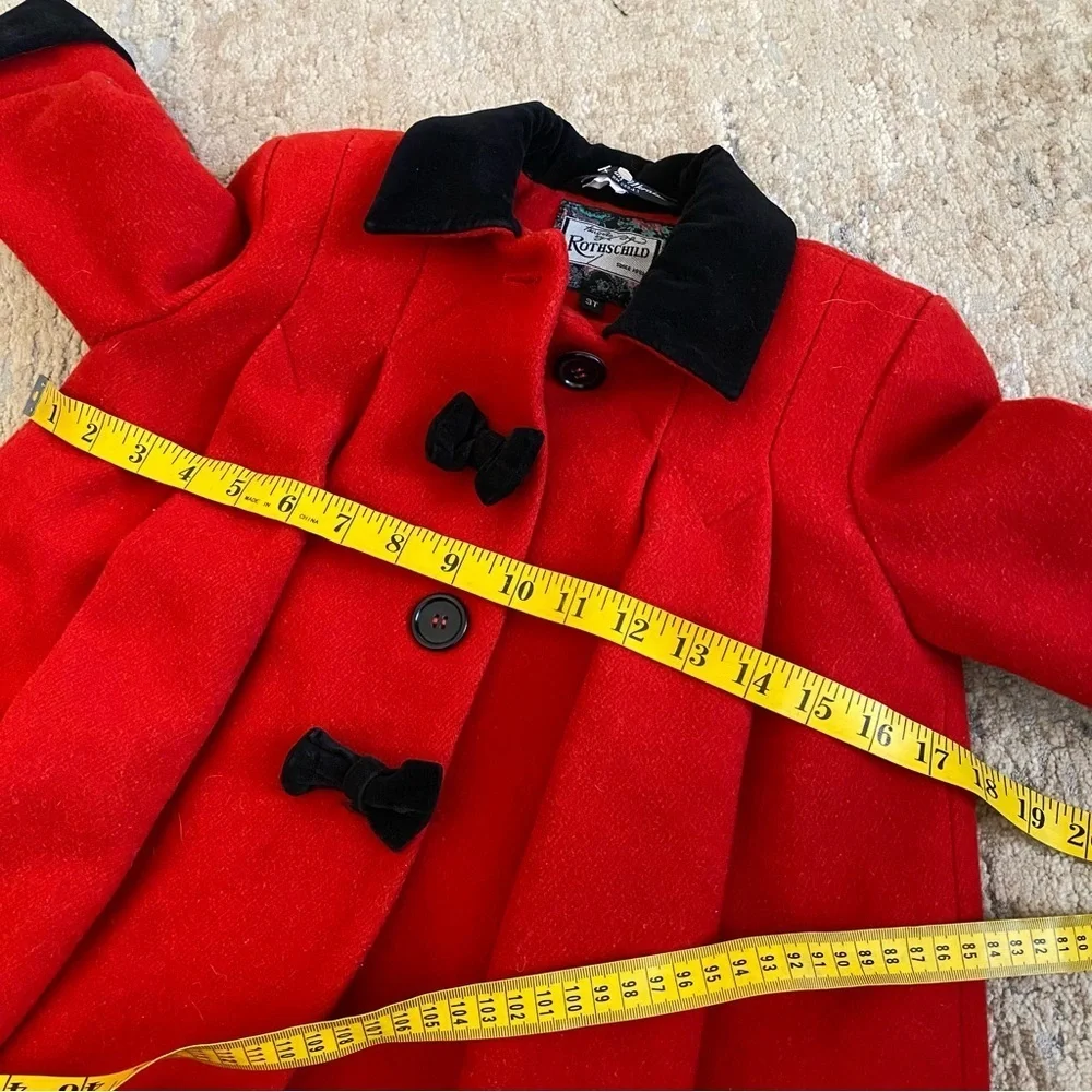 Rothschild Vintage Classic Red Christmas Coat Black Velvet Trim and Bows Accents